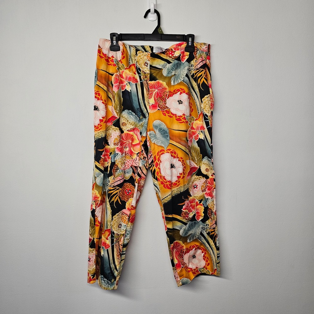 Betu Sport Womens Tropical Floral High Rise Pants Orange Yellow Cotton Size 12